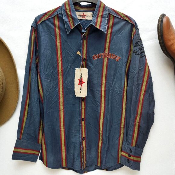 Project Red Outlaws England Shirt Mens XL Blue Striped Distressed Motorcycle - Picture 1 of 14